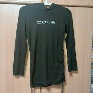 BEBE Long Sleeve Ruched Hooded Black Shirt with Rhinestone Logo, Sz M, Used